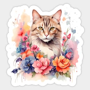 A cat decorated with beautiful watercolor flowers Sticker